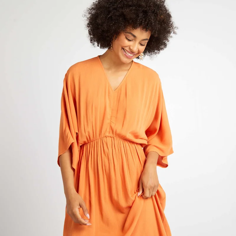 Kiabi Long Dress With Bat Wing Sleeves Orange