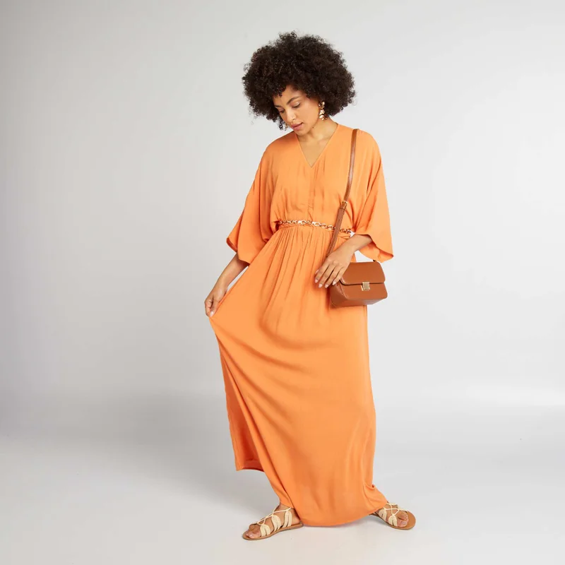 Kiabi Long Dress With Bat Wing Sleeves Orange