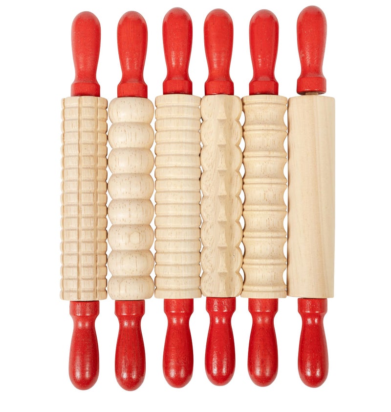 Ready 2 Learn Mini Textured Wooden Rolling Pins | Set of 6 | 7.25 inches | Turning Handles | Rollers for Kids' Dough, Crafts, Imaginative Play - Image 1