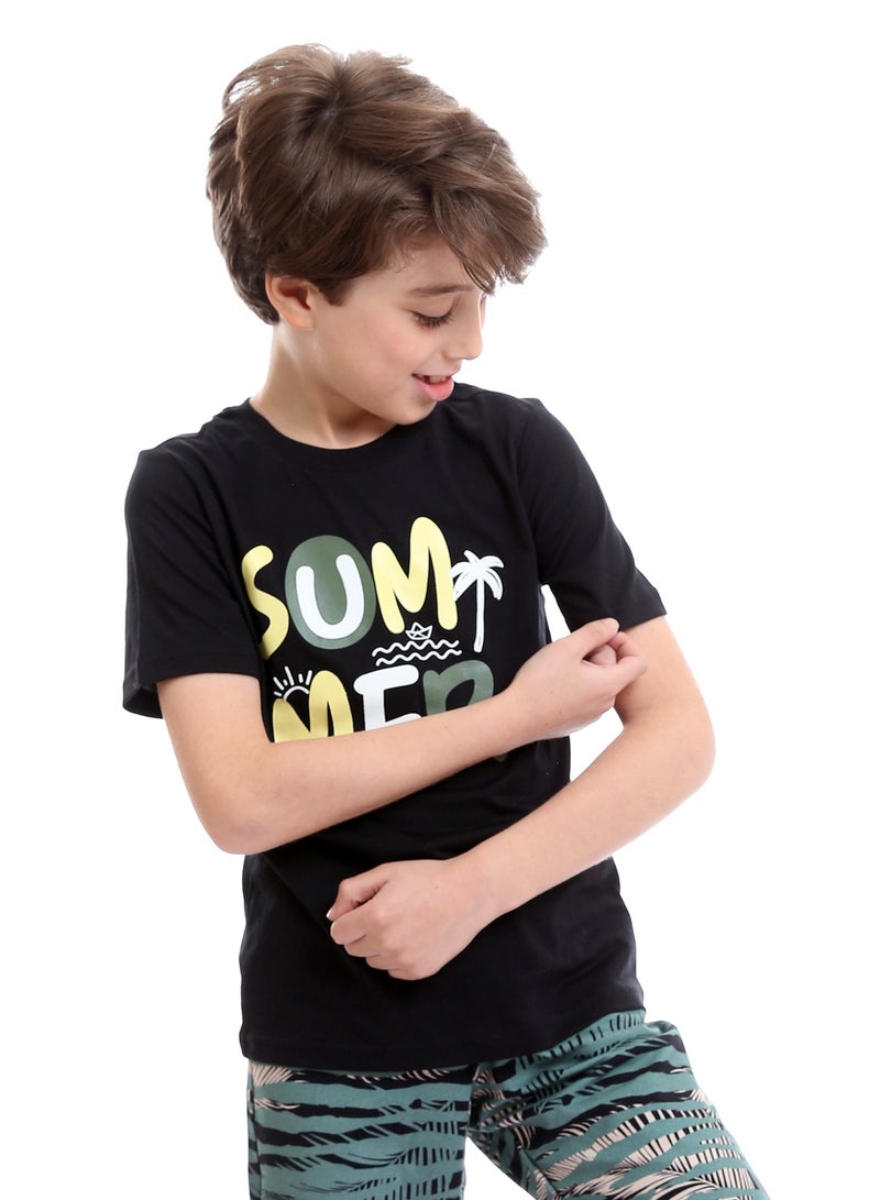 REDCOTTON طقم بيجامة صيفية ملونة مطبوعة للأولاد مع شورت - أسود وأخضر نعناعي - Image 5