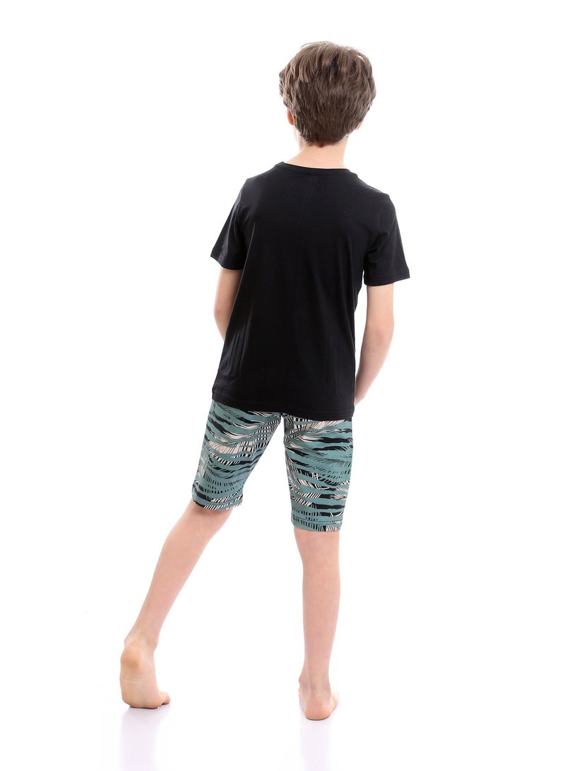 REDCOTTON طقم بيجامة صيفية ملونة مطبوعة للأولاد مع شورت - أسود وأخضر نعناعي - Image 4