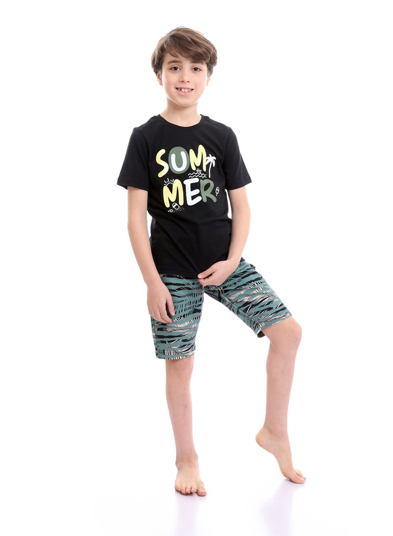 REDCOTTON طقم بيجامة صيفية ملونة مطبوعة للأولاد مع شورت - أسود وأخضر نعناعي - Image 1