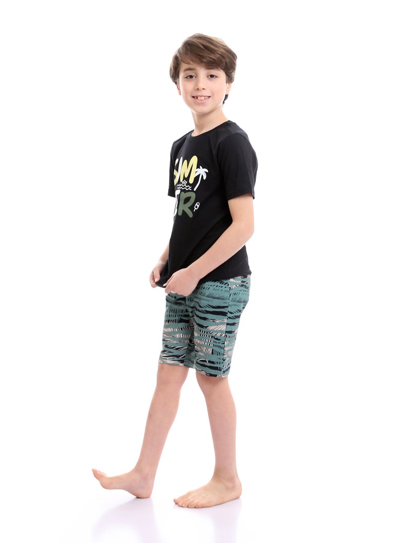 REDCOTTON طقم بيجامة صيفية ملونة مطبوعة للأولاد مع شورت - أسود وأخضر نعناعي - Image 3