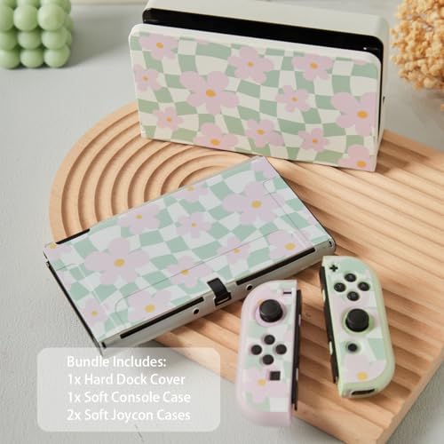 Casosexplorelab Protective Case for Switch OLED, Silicone Cover Shell Compatible with Nintendo Switch OLED Dockable Case Cozy Accessory Full Protection for Controller & Joy con-Sage Green Checker - Image 2