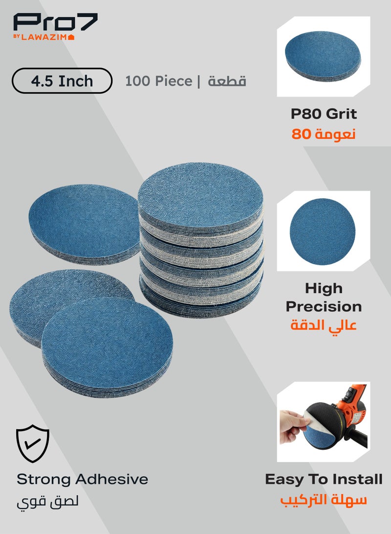 Pro7 100 Pieces 4.5inch Velcro Sanding Disc Calcined Alumina 80 Grit - No-Hole Hook u0026 Loop Round Sandpaper Disc, Random Orbital Sandpaper for Automotive, Woodworking, Metal Polishing - Image 2