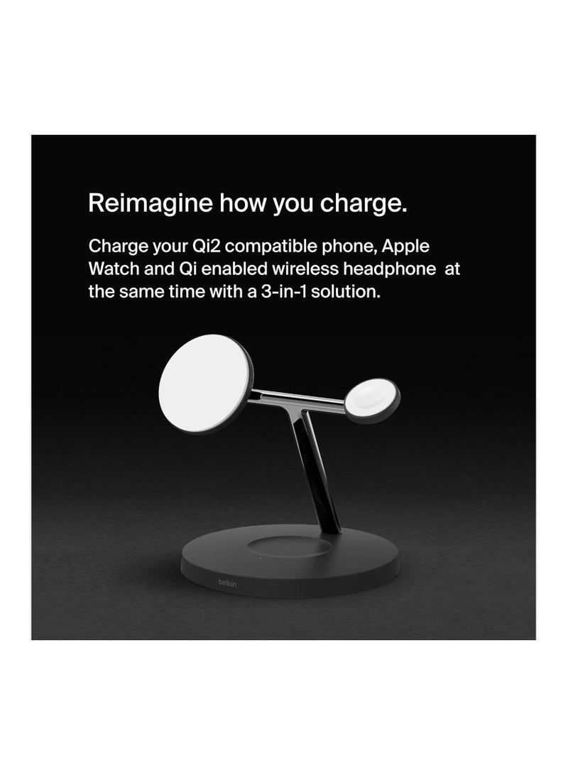 belkin BoostCharge Pro 3-in-1 Wireless Charger with Qi2 for iPhone 16, 15, 14, 13 and 12 + Apple Watch + AirPods (Magnetically Charges iPhone 16, 15, 14, 13 and 12 Models up to 15W) - Black - Image 2