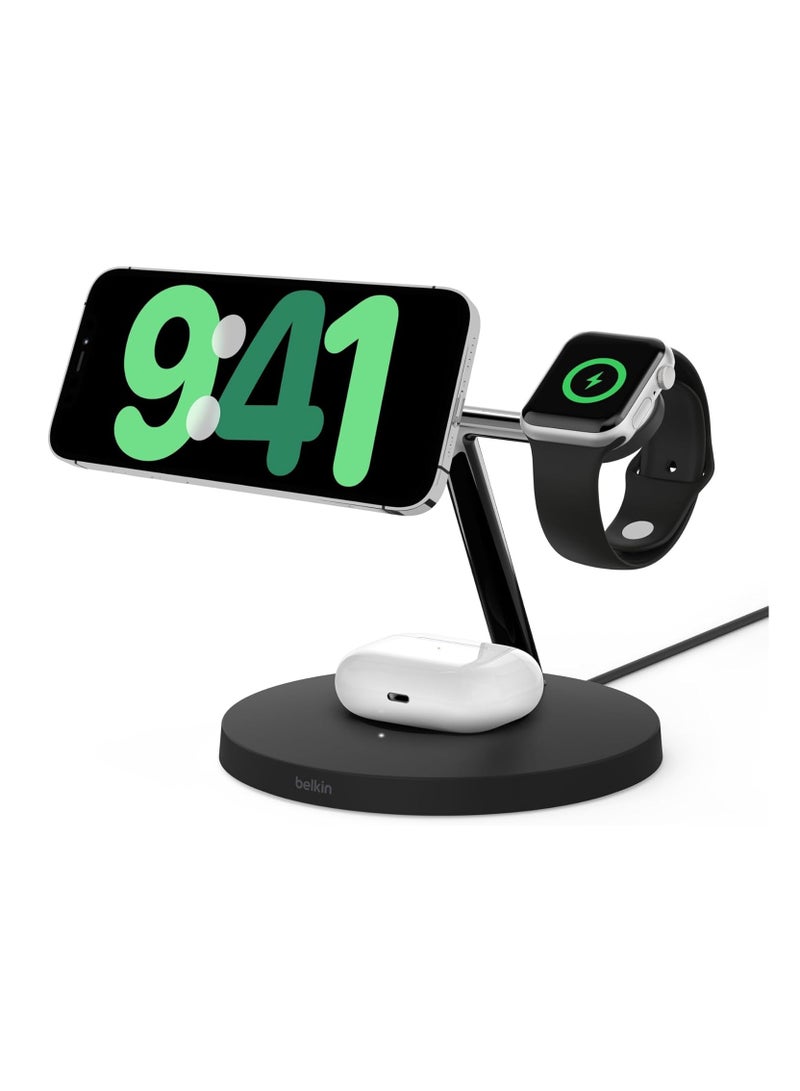 belkin BoostCharge Pro 3-in-1 Wireless Charger with Qi2 for iPhone 16, 15, 14, 13 and 12 + Apple Watch + AirPods (Magnetically Charges iPhone 16, 15, 14, 13 and 12 Models up to 15W) - Black - Image 1