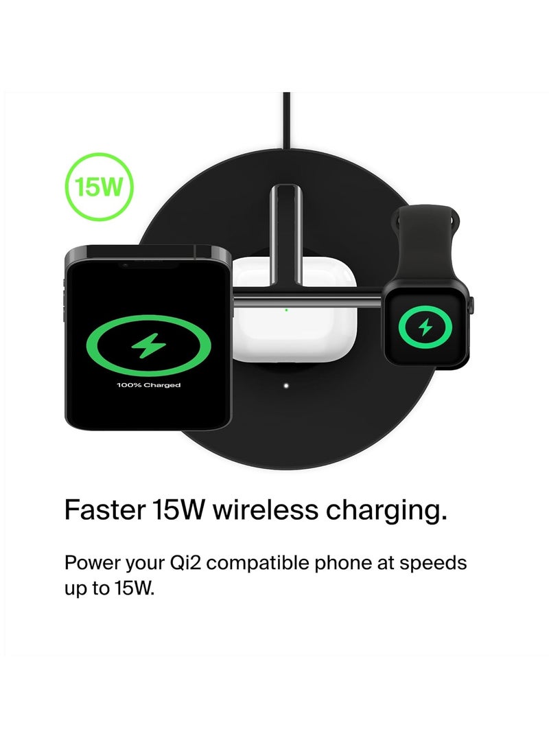 belkin BoostCharge Pro 3-in-1 Wireless Charger with Qi2 for iPhone 16, 15, 14, 13 and 12 + Apple Watch + AirPods (Magnetically Charges iPhone 16, 15, 14, 13 and 12 Models up to 15W) - Black - Image 4