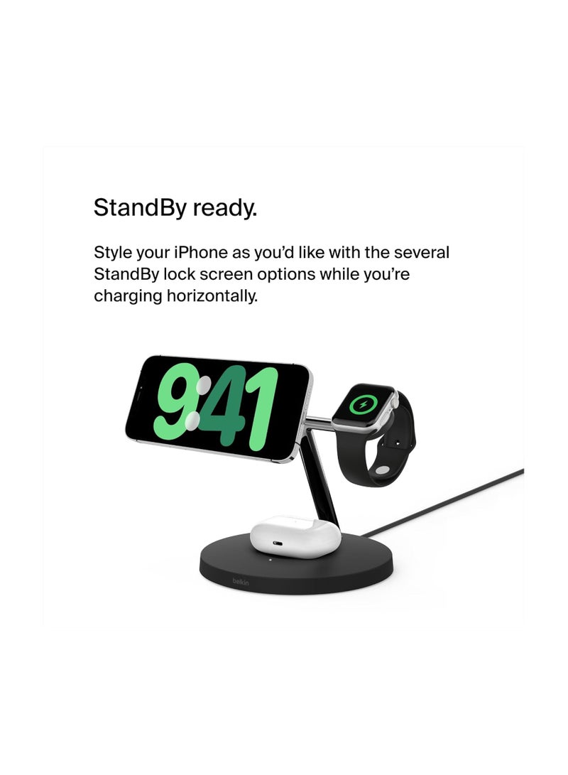 belkin BoostCharge Pro 3-in-1 Wireless Charger with Qi2 for iPhone 16, 15, 14, 13 and 12 + Apple Watch + AirPods (Magnetically Charges iPhone 16, 15, 14, 13 and 12 Models up to 15W) - Black - Image 3