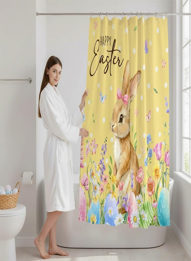 Mocsicka Easter Shower Curtain - Bunny Eggs Happy Easter Shower Curtains for Bathroom Washable Cute Spring Bath Curtain with 12 Hooks, Waterproof (Yellow, 71x71inch) - Image 2
