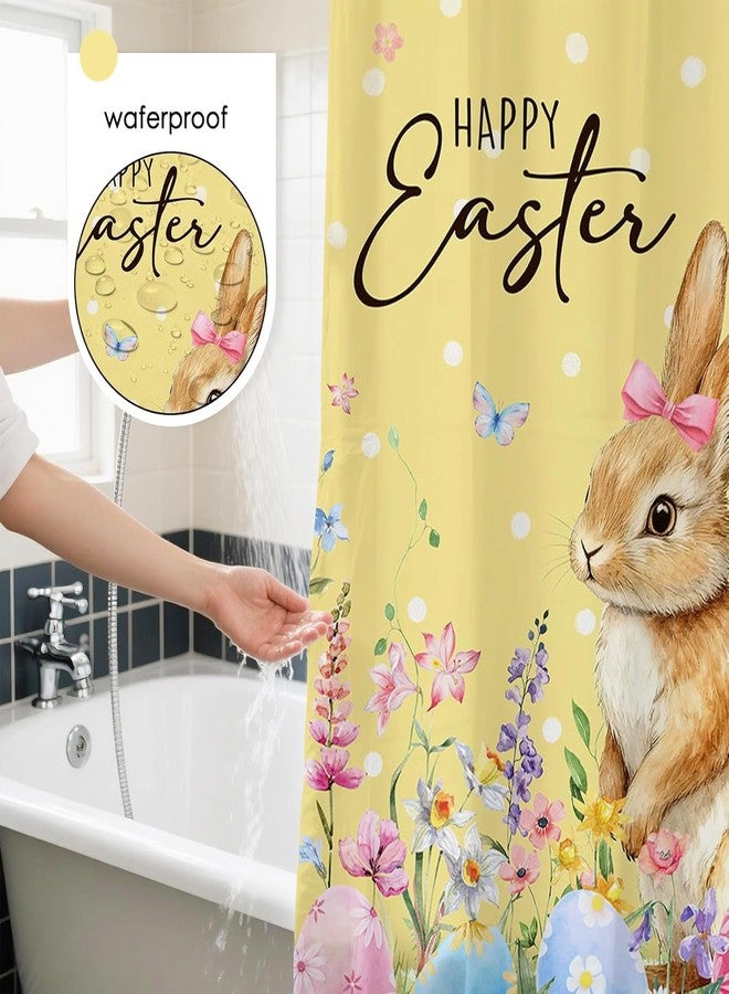 Mocsicka Easter Shower Curtain - Bunny Eggs Happy Easter Shower Curtains for Bathroom Washable Cute Spring Bath Curtain with 12 Hooks, Waterproof (Yellow, 71x71inch) - Image 3