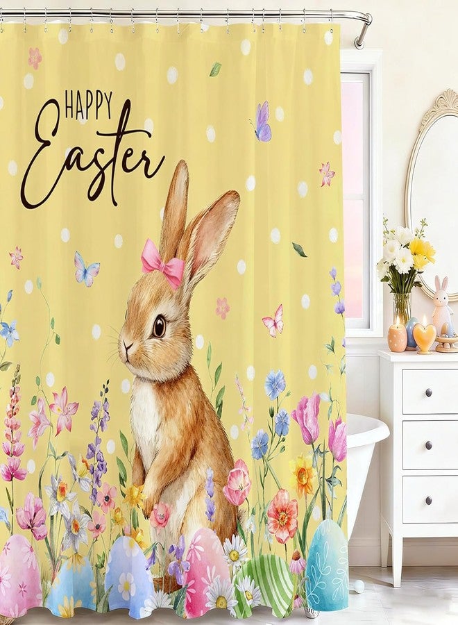 Mocsicka Easter Shower Curtain - Bunny Eggs Happy Easter Shower Curtains for Bathroom Washable Cute Spring Bath Curtain with 12 Hooks, Waterproof (Yellow, 71x71inch) - Image 1