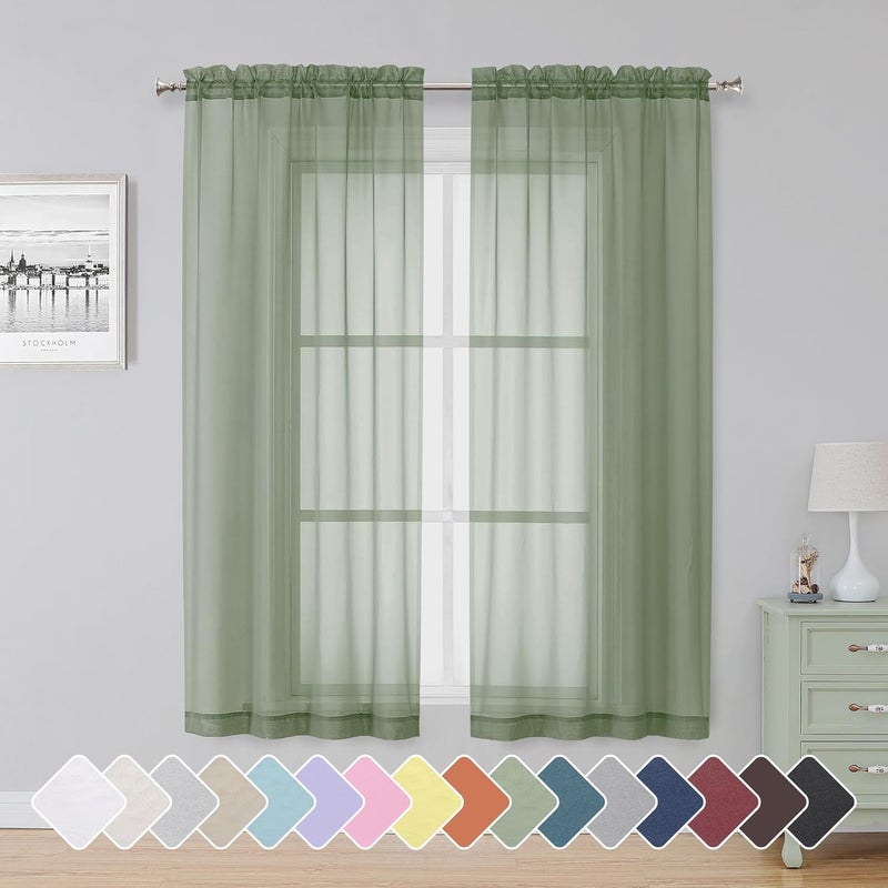 SimpleBrand Sage Sheer Curtains 63 Inch Length 2 Panels, Rod Pocket Solid Color Window Sheer Curtain Panels, Elegant Curtains & Drapes for Living Room, Bedroom 2 Panels (Sage, 42" W x 63" L) - Image 1