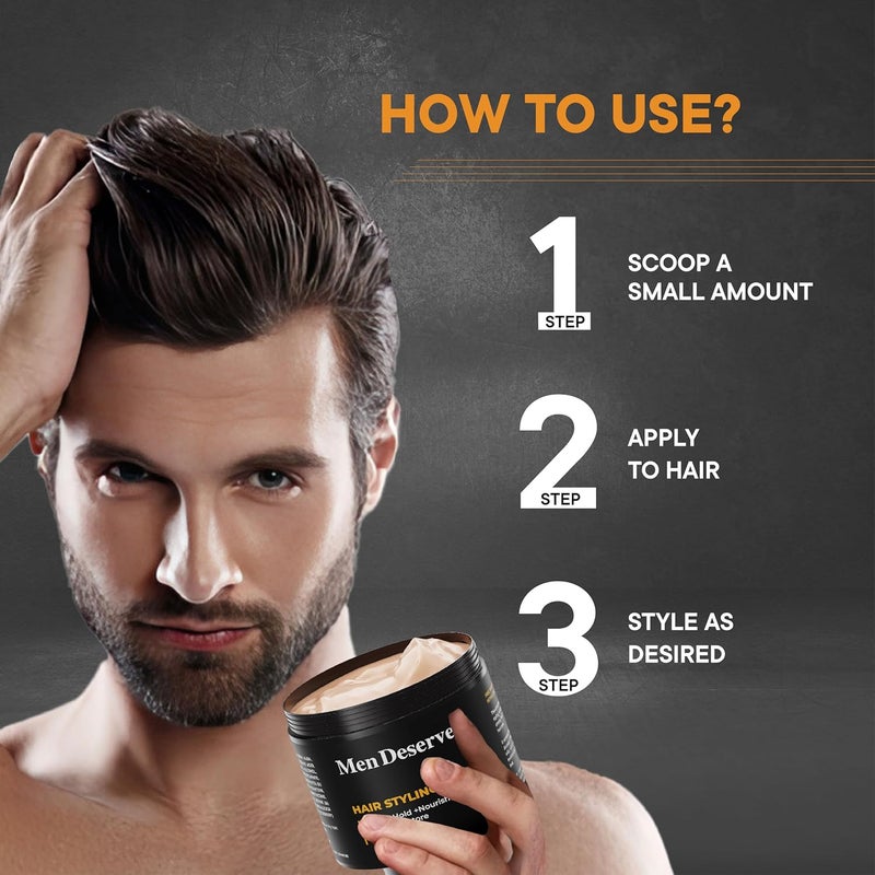 MEN DESERVE كريم تصفيف الشعر للرجال 100 جرام يوفر تثبيت قوي وتغذية خالي من البارابين والكبريتات كريم شعر غير دهني للرجال مع زيت جوز الهند وكيراتين كريم للشعر الجاف والمجعد - Image 4