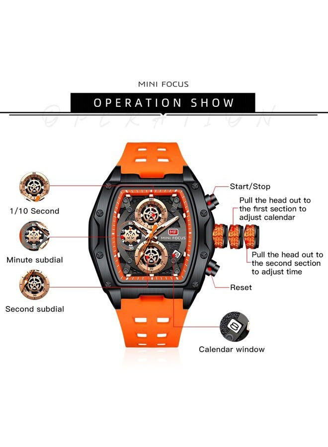 MF MINI FOCUS Men Watch Unique Tonneau Casual Wrist Watches (Chronograph/Waterproof/Luminous/Calendar/24 Hours) Silicon Band Fashion Watch for Men (Black & Orange)) - Image 5