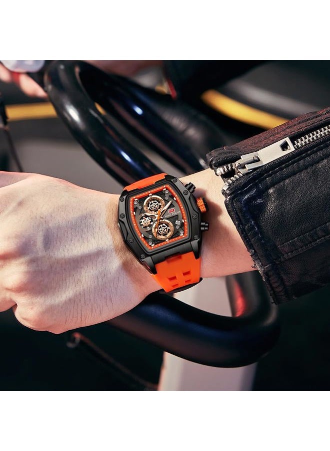 MF MINI FOCUS Men Watch Unique Tonneau Casual Wrist Watches (Chronograph/Waterproof/Luminous/Calendar/24 Hours) Silicon Band Fashion Watch for Men (Black & Orange)) - Image 3