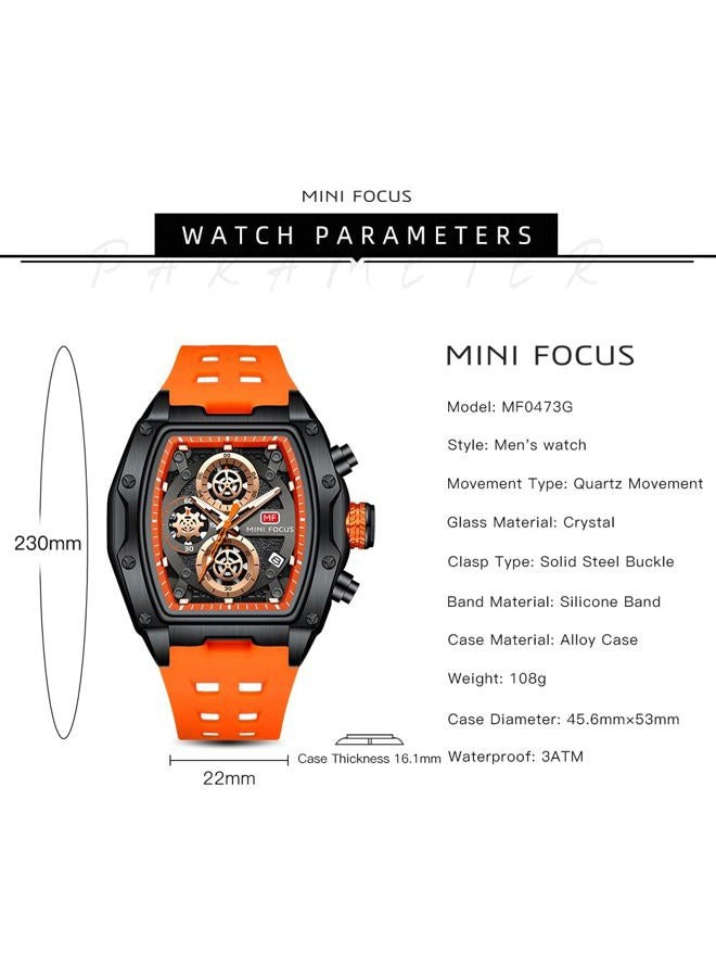 MF MINI FOCUS Men Watch Unique Tonneau Casual Wrist Watches (Chronograph/Waterproof/Luminous/Calendar/24 Hours) Silicon Band Fashion Watch for Men (Black & Orange)) - Image 4