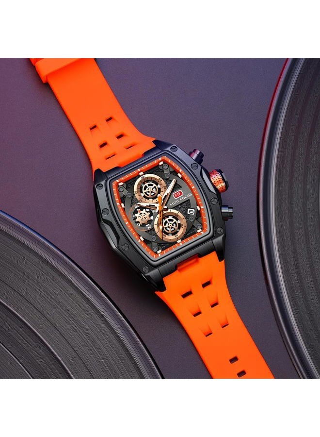 MF MINI FOCUS Men Watch Unique Tonneau Casual Wrist Watches (Chronograph/Waterproof/Luminous/Calendar/24 Hours) Silicon Band Fashion Watch for Men (Black & Orange)) - Image 2