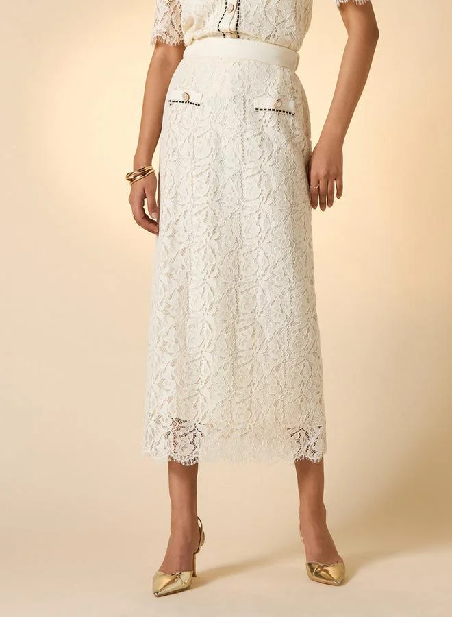 2Xtremz 2Xtremz Lace Textured A-line Midi Skirt with Slit Detail