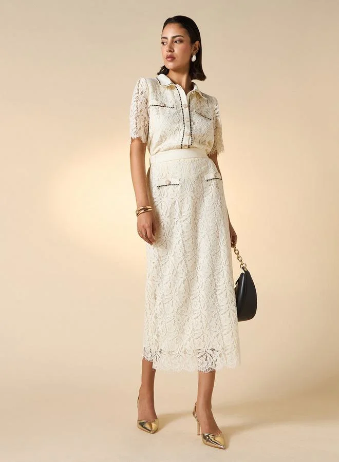 2Xtremz 2Xtremz Lace Textured A-line Midi Skirt with Slit Detail