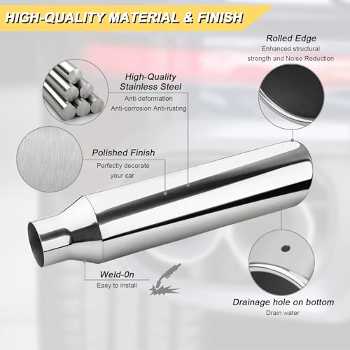 Vurkcy 2.5 inch Inlet Exhaust Tip, 4" Outlet 17" Overall Length Stainless Steel Exhaust Tail Pipe, Weld On, Rolled Edge, Slant Sleek Angle Cut, Polished Tailpipe, Silvery, 2PCS - Image 2