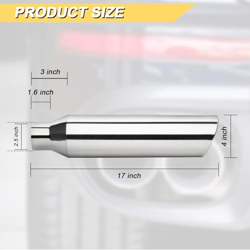 Vurkcy 2.5 inch Inlet Exhaust Tip, 4" Outlet 17" Overall Length Stainless Steel Exhaust Tail Pipe, Weld On, Rolled Edge, Slant Sleek Angle Cut, Polished Tailpipe, Silvery, 2PCS - Image 3
