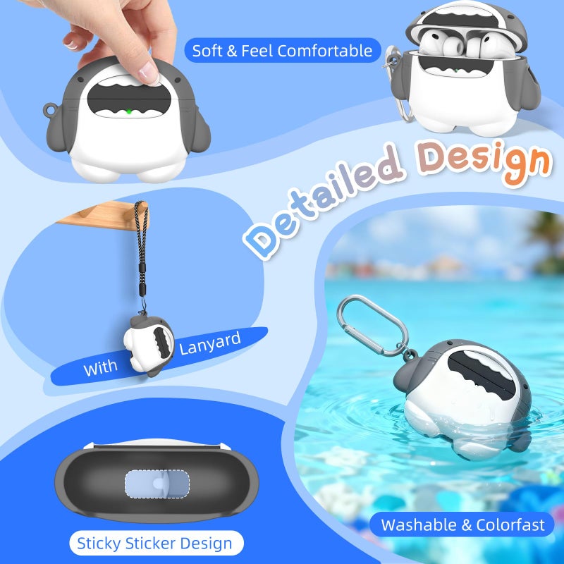 FGERWZ Funny Cover for AirPods Pro 3 Case Cute (2025), Soft Silicone Shockproof Protection 3D Cartoon Case for AirPods Pro 3rd Generation Cute Airpod pro 3 case with Carabiner & Cleaner Kit (Shark) - Image 4