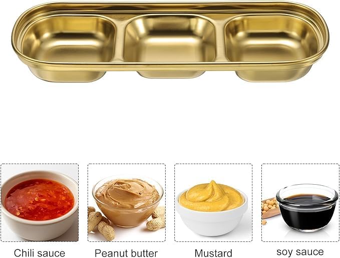 HEVASNEK 2Pcs Stainless Steel Dipping Bowls - 3 Compartment Appetizer Serving Tray, Soy Sauce, Ketchup, BBQ Sauce & Seasoning Dishes, Perfect for Parties & Snacks - Image 5