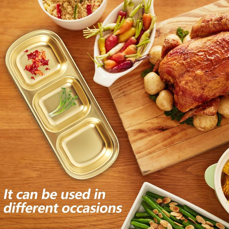 HEVASNEK 2Pcs Stainless Steel Dipping Bowls - 3 Compartment Appetizer Serving Tray, Soy Sauce, Ketchup, BBQ Sauce & Seasoning Dishes, Perfect for Parties & Snacks - Image 3