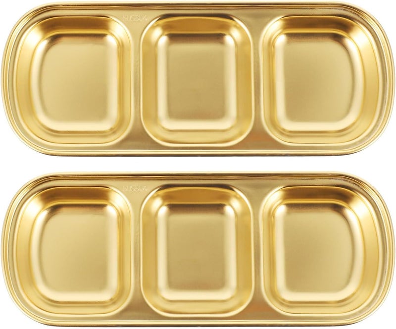 HEVASNEK 2Pcs Stainless Steel Dipping Bowls - 3 Compartment Appetizer Serving Tray, Soy Sauce, Ketchup, BBQ Sauce & Seasoning Dishes, Perfect for Parties & Snacks - Image 1