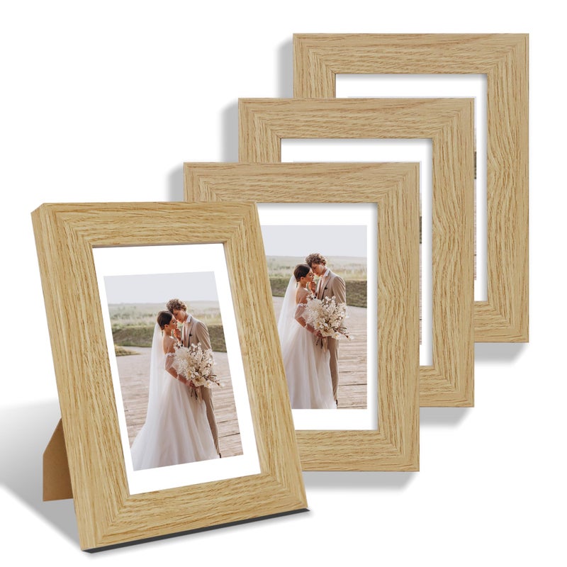 Hongkee 4x6 Picture Frame Set of 4  Made of Real Glass and Natural Oak Wooden Frame  4 by 6 Photo for Wall or Tabletop - Display Picture 3.5x5 with Mat or 4x6 Without Mat - Image 1