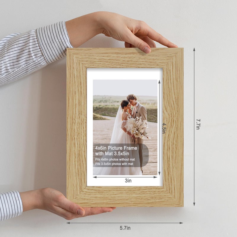 Hongkee 4x6 Picture Frame Set of 4  Made of Real Glass and Natural Oak Wooden Frame  4 by 6 Photo for Wall or Tabletop - Display Picture 3.5x5 with Mat or 4x6 Without Mat - Image 2