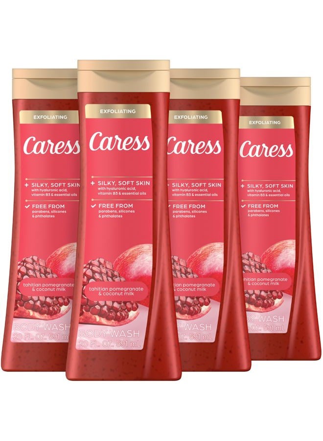 Caress Body Wash for Women, Tahitian Pomegranate & Coconut Milk, Exfoliating Shower Gel for Renewed, Glowing Skin, 20 fl oz, 4 Pack - Image 1