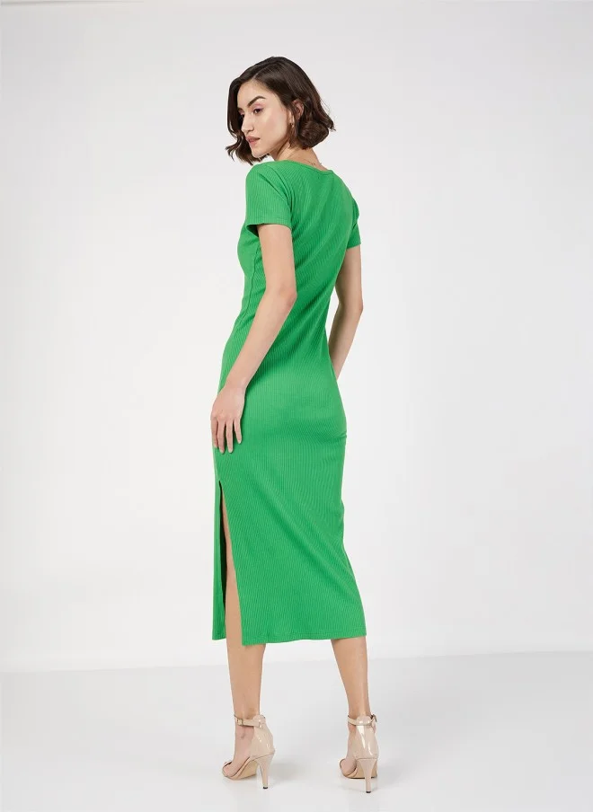 SASSAFRAS Green Ribbed Sheath Midi Dress for Women