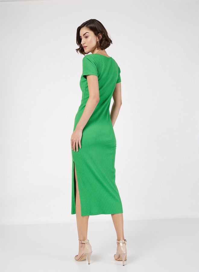 SASSAFRAS Green Ribbed Sheath Midi Dress for Women - Image 4