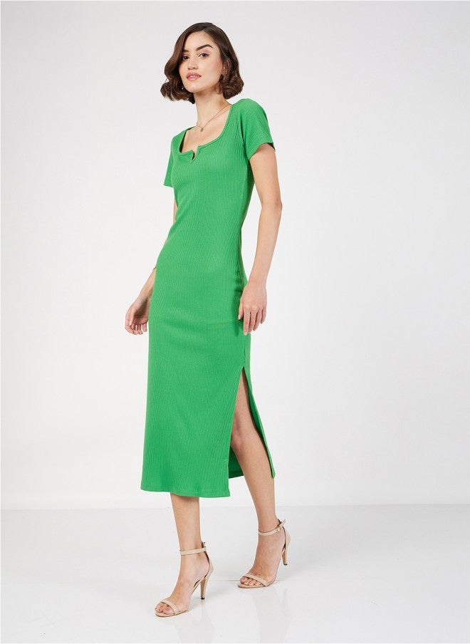SASSAFRAS Green Ribbed Sheath Midi Dress for Women - Image 1