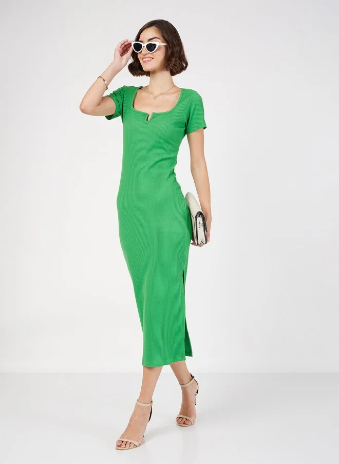 SASSAFRAS Green Ribbed Sheath Midi Dress for Women