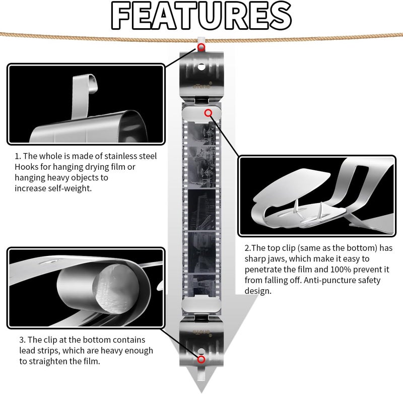 eTone 4xPCS Stainless Steel Film Clips with Lead Block Make Film Straight Film Air-Dry Darkroom Processing Equipment 135 120 Roll Film 35mm Negative 4x5 Film Sheet - Image 4