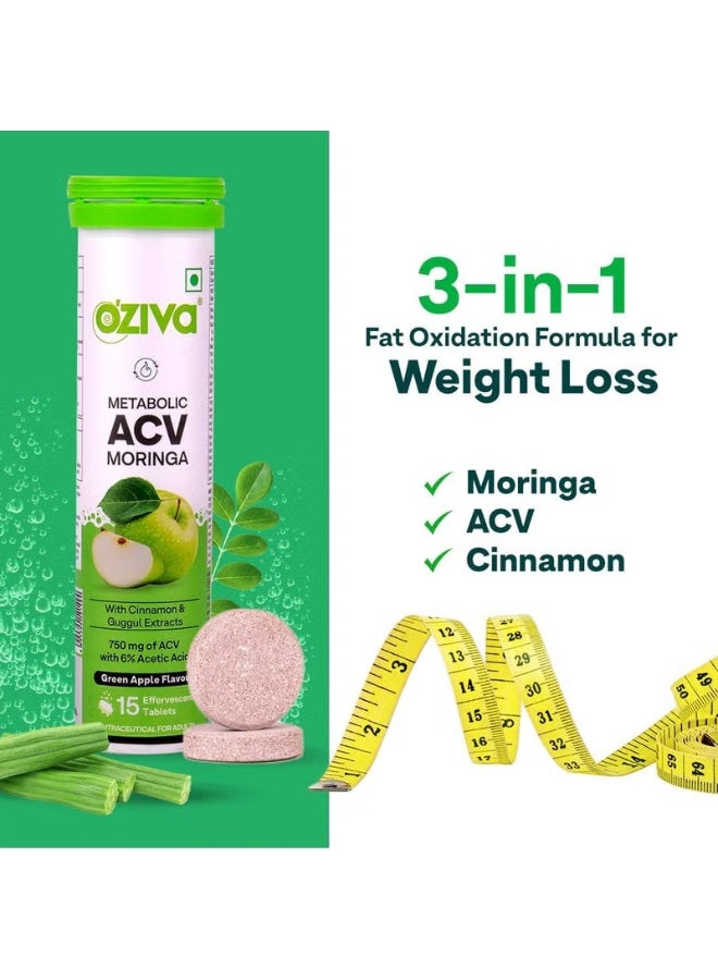 OZiva Acv Moringa|Control Cravings I Apple Cider Vinegar,Cinnamon,Guggul I No Maltodextrin & No Added Sugar I 15 Effervescent Tablets - Green Apple,Pack Of 6 (90 Tablets) - Image 2