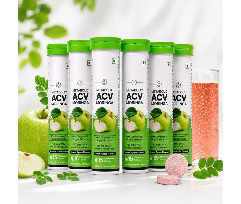 OZiva Acv Moringa|Control Cravings I Apple Cider Vinegar,Cinnamon,Guggul I No Maltodextrin & No Added Sugar I 15 Effervescent Tablets - Green Apple,Pack Of 6 (90 Tablets) - Image 1