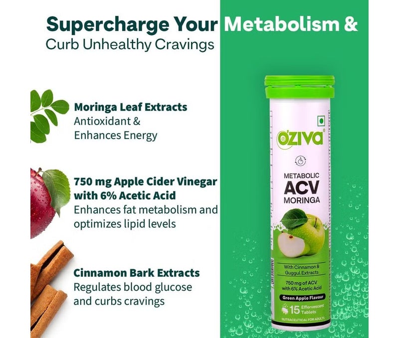 OZiva Acv Moringa|Control Cravings I Apple Cider Vinegar,Cinnamon,Guggul I No Maltodextrin & No Added Sugar I 15 Effervescent Tablets - Green Apple,Pack Of 6 (90 Tablets) - Image 3
