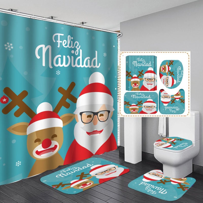 Y&D Christmas Bathroom Shower Curtains 4pcs Set Bath Rug Set with Non-Slip Rugs Luxury Shower Curtain - Image 5