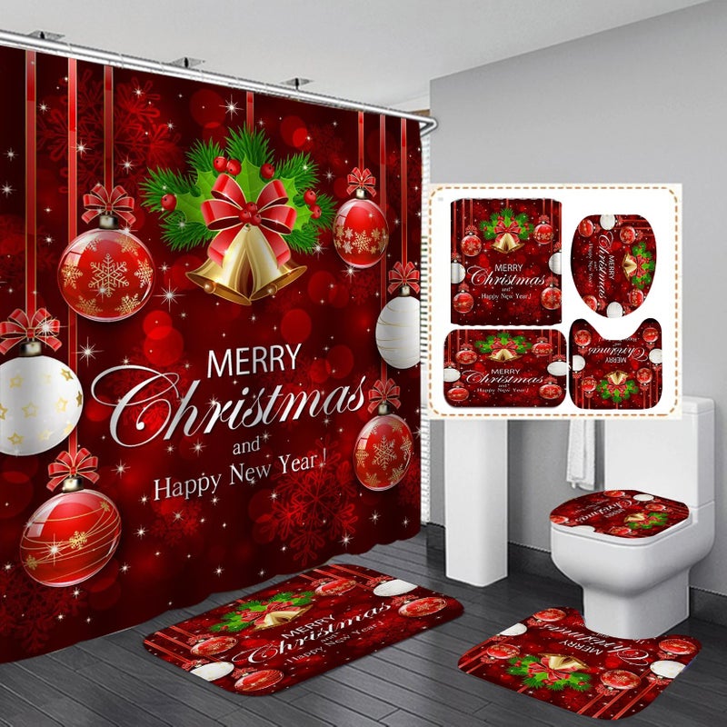 Y&D Christmas Bathroom Shower Curtains 4pcs Set Bath Rug Set with Non-Slip Rugs Luxury Shower Curtain - Image 3