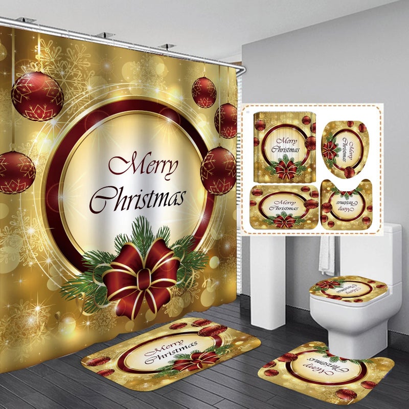 Y&D Christmas Bathroom Shower Curtains 4pcs Set Bath Rug Set with Non-Slip Rugs Luxury Shower Curtain - Image 4
