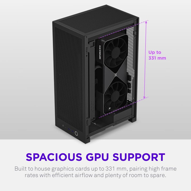 NZXT H2 Flow â€“ Mini-ITX 20.7L High Airflow PC Case â€“ Includes 2 x 120mm Top Fans & PCIe 5.0 Riser Cable â€“ 331mm GPU â€“ 280mm Radiator â€“ Black - Image 5