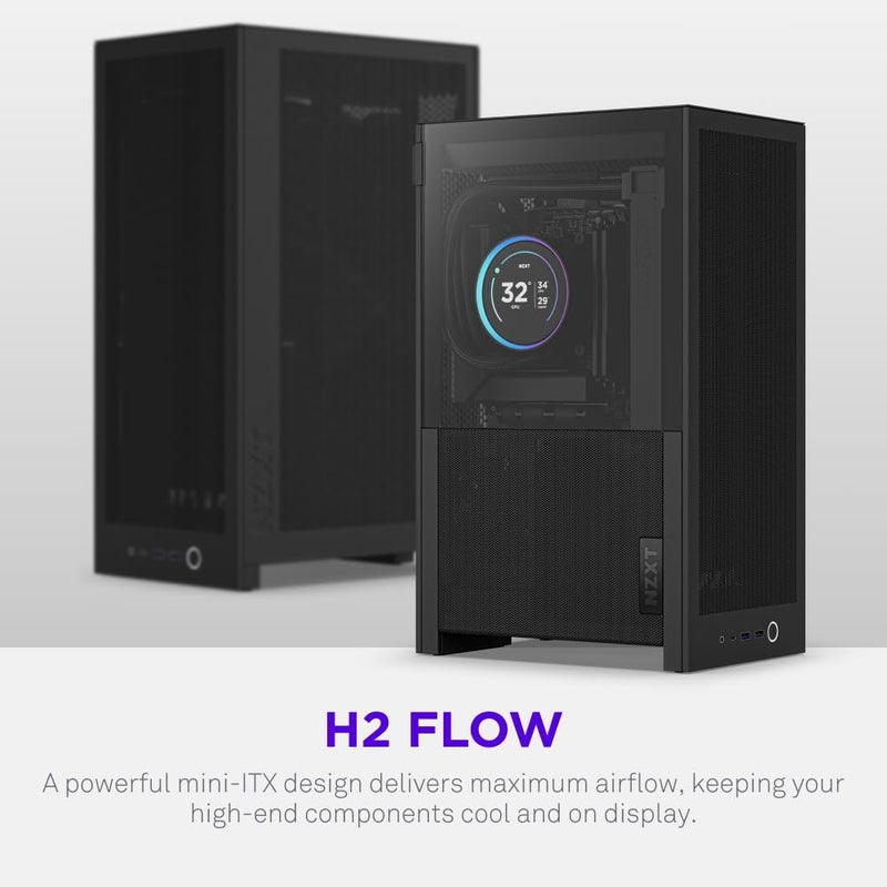 NZXT H2 Flow â€“ Mini-ITX 20.7L High Airflow PC Case â€“ Includes 2 x 120mm Top Fans & PCIe 5.0 Riser Cable â€“ 331mm GPU â€“ 280mm Radiator â€“ Black - Image 2