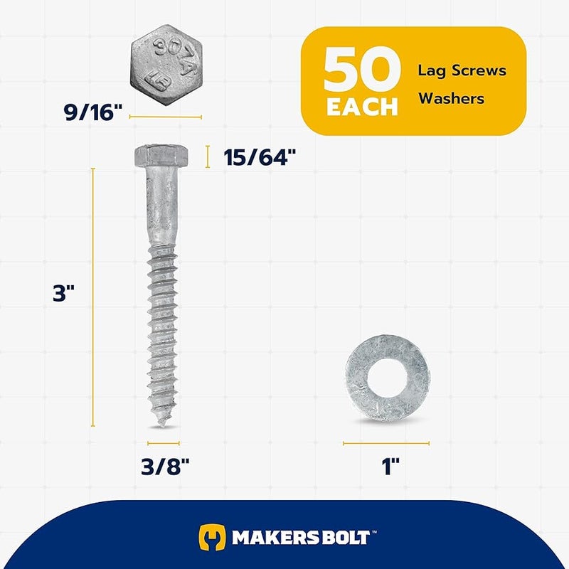 MAKERS BOLT 3/8 x 3 (50 Pack) Lag Screw Kit, 50 Screws and 50 washers, Hot Dip Galvanized, Meets ASME B18.2.1 Industrial/Commercial Grade by Makers Bolt - Image 2