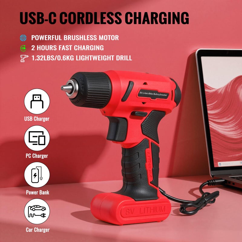 TLGREEN 101 Pcs 8V Cordless Drill and Tool Set, USB-C Rechargeable Power Tool Kit with Brushless Motor & Fast Charge, Lightweight Home Tool Kit for DIY, Repair, and Maintenance with Storage Caseï¼ˆRed) - Image 4