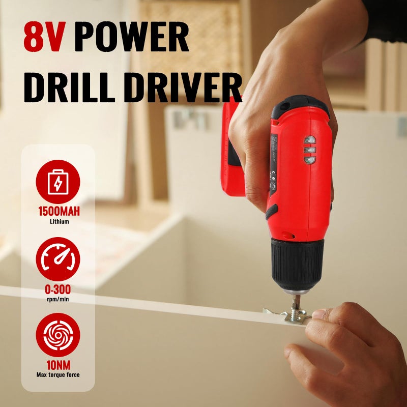 TLGREEN 101 Pcs 8V Cordless Drill and Tool Set, USB-C Rechargeable Power Tool Kit with Brushless Motor & Fast Charge, Lightweight Home Tool Kit for DIY, Repair, and Maintenance with Storage Caseï¼ˆRed) - Image 3