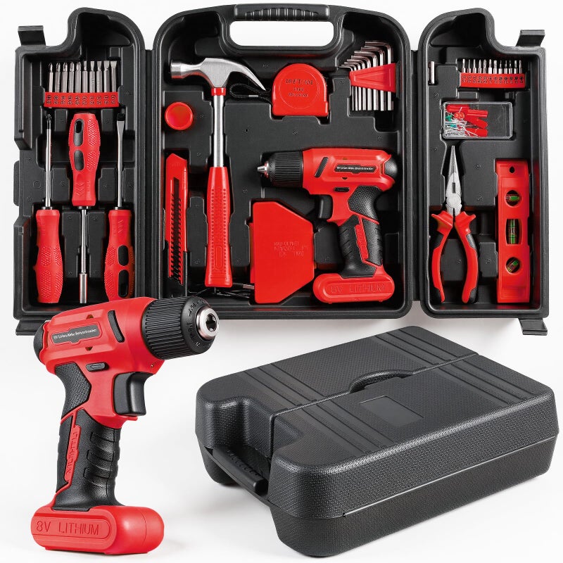 TLGREEN 101 Pcs 8V Cordless Drill and Tool Set, USB-C Rechargeable Power Tool Kit with Brushless Motor & Fast Charge, Lightweight Home Tool Kit for DIY, Repair, and Maintenance with Storage Caseï¼ˆRed) - Image 1